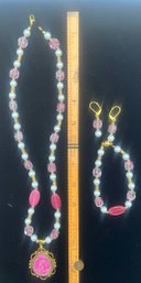 Jewelry Bundle #17 - Pink Oil Spill Pendant Necklace / Bracelet / Earrings