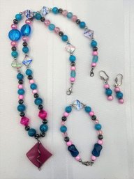 Jewelry Bundle #19 - Unique Glass Beaded Pink Pendant Necklace / Bracelet / Earrings