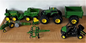 Lot Of 7 John Deere Items (Tractor, Trailer, Toy Hammer, Etc) In Storage Tote