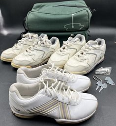 3 Pairs Ladies 6 1/2 Golf Shoes, 2 Shoe Bags & Accessories - (G6)