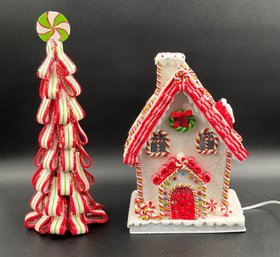 Lighted Gingerbread House & Candy Cane Tree Decoration