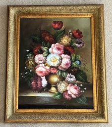 Large Beautiful Ornate Wood Framed Flowers On Canvas - (O)