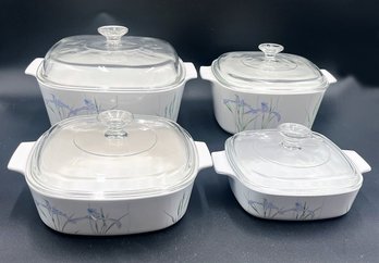 Set Of 4 Corelle Shadow Iris Casserole Dishes With Lids (D32)