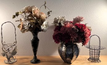 2 Flaux Florals In Metal Vases & 2 Metal Baskets - (FRH)