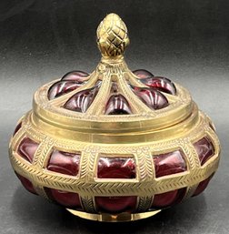 Vintage Brass & Red Glass Lidded Bubble Bowl - (B5)