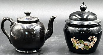 Set Of Black Teapot & Glass Ginger Jar - (P)