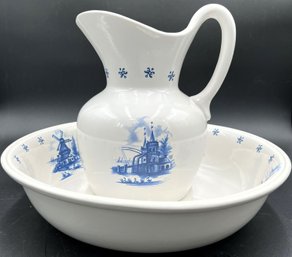 Vintage Ceramic White & Blue Pitcher With Basin - (FR)