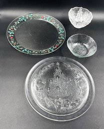 Lot Of 4 Christmas Themed Glass Serving Dishes & Bowls