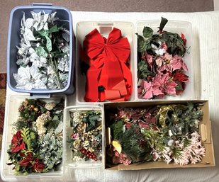 Large Bundle Of Faux Flower Christmas Decorations In Storage Totes - (B5)