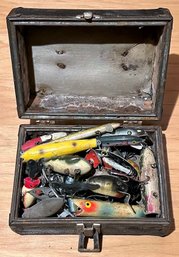 Vintage Fishing Lures In Vintage Metal, Wood In Leather Wrapped Tackle Box