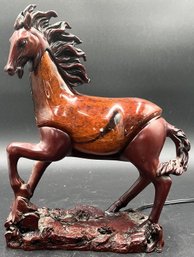 Rare Vintage Stallion Polished Glass And Wood Statue Lamp - (FR)