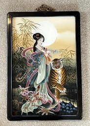 Vintage Chinese Reverse Glass Hand Painted Eglomise Geisha Girls & Tiger - (U)