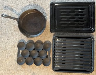 Cast Iron Cookware & 2 Broiler Pans - (D)