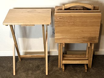 4 Wood Folding Tray Table Set With Storage Stand - (U)