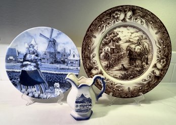 2 Collectible Plates & Vintage Decorative Pitcher - (K)