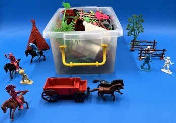 Plastic Storage Tote Filled With Plastic Cowboy & Indian Toys - (TR6)