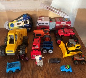 Lot Of 14 Misc Sized Vehicle Toys In Storage Tote