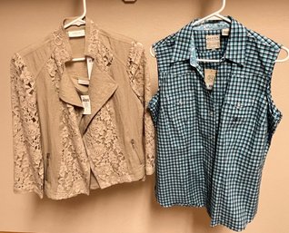 CHICOS Women's Lace Mix Duster Open Front Jacket / Chico Tank Top / ROPER Gingham Sleeveless - NEW With Tags