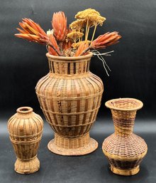 3 Wicker Vases & Dried Flowers - (B)