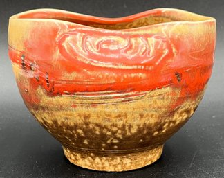 Cute Little Tan & Orange Pottery Bowl - (K)