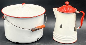 Vintage Enamelware Lidded & Coffee Pot - (P)