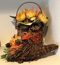 Cornucopia & Wicker Basket Faux Floral Decor - (B)