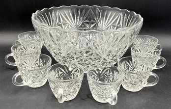 Vintage Pressed, Cut Glass Punch Bowl With 8 Cups - (K)