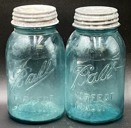 Vintage Blue BALL PERFECT MASON Jars With Lids - Lot Of 2 -(HTR)