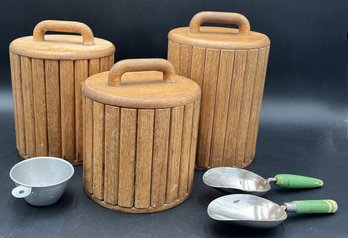 3 Cannister With Wood Exteriors & Plastic Interiors With Vintage Scoops - (DRH