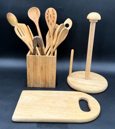 Nice Collection Of Wooden Utensils, Paper Towel Holder & Cutting Board - (DRH)