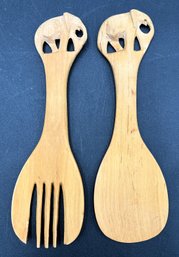 Wooden Salad Fork & Spoon With Hand Carved Elephants - (DRH)