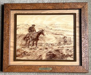 Gorgeous Wood Framed Lucid Line Photography On Glass 'Wagon Boss' By Charles M. Russell - (FR)