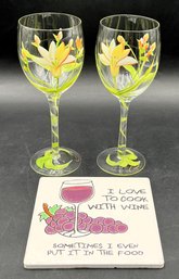 2 Hand Pointed Wine Glasses & Fun Trivet - (DRH)