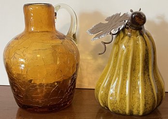 Vintage Crackle Glass Pitcher With Ceramic Pear - (MB)