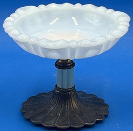 Vintage Milk Glass Brass Pedestal Dish - (TR3)