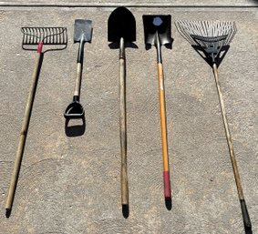 5 Tools (3 Shovels & 2 Rakes) - (G)