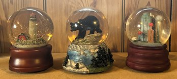 3 Snow Globes 2 With Wooden Bases - (BT)