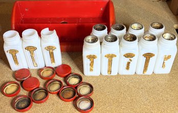 Complete Set Of Vintage Griffith Laboratories Milk Glass Spice Jars With Red Metal Screw Lids - (BT)