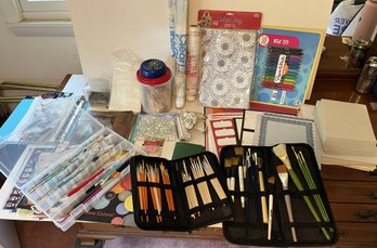 Large Craft Lot/ Several New Paintbrushes, Colored Paper, Construction Paper, Ceramic Info -(MB)