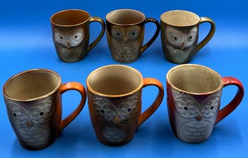 Set Of 6 Ceramic Owl Coffee Mugs - (K)