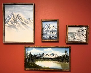 4 Wood Framed Oil On Stretched Canvas Mountain Paintings - (LR)