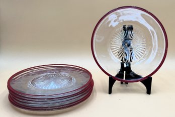 Vintage Glass (Etched) Plates, Rimmed In Red Set Of 7- (FRH)
