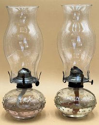 Set Of Vintage Oil Lamps With Handblown Fonts & Chimneys - (FRH)