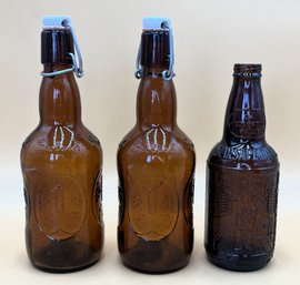 2 Vintage Brown Glass Grolsch Bottles With Ceramic Tops & Vintage Brown Glass Sarsaparilla Bottle- (FRH)