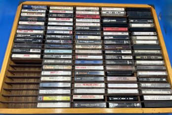 Lot Of 90 Cassette Tapes With Wooden Box Holder - (A5)
