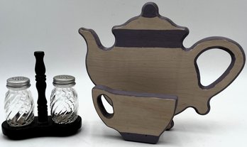 Cute Teapot Napkin Holder With Vintage Sale & Pepper Shakers - (LR)