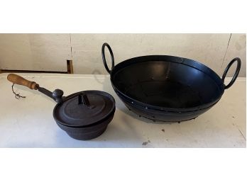 Metal Cauldron & Vintage Corn Popper