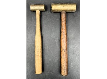 2 Vintage Brass Head Wood Handle Hammers - (T6)
