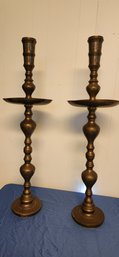 Mid 20th Century Etched Brass Floor Candle Holder Large Pair Of Moorish Pillar Candlesticks