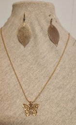Gold Leaf Earrings And Butterfly Necklace